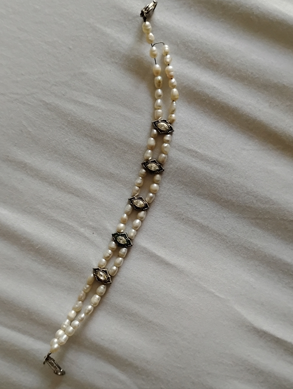 Classic Pearl Double-Strand Bracelet with Silver Accents - White Pearls